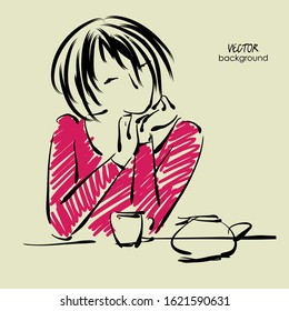 art sketching vector of sitting beautiful young woman with cup tea and teapot