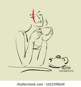 art sketching vector of sitting beautiful young woman with cup tea and teapot