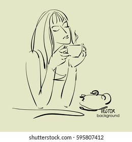 vector de dibujo artístico de una bella joven sentada con té de taza.