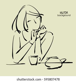 art sketching vector of sitting beautiful young woman with cup tea.