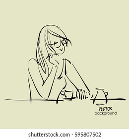 art sketching vector of sitting beautiful young woman with cup coffee.