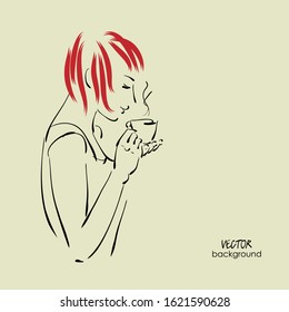 art sketching vector of standing beautiful young woman with cup coffee