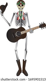 Art Skull Playing Guitar Day of the dead.Hand drawing and graphic vector.