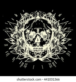 Art of skull with roses leafs and thorns. Graphic vector illustration. Can be used as print on t-shirt, wall, postcard, tattoo.