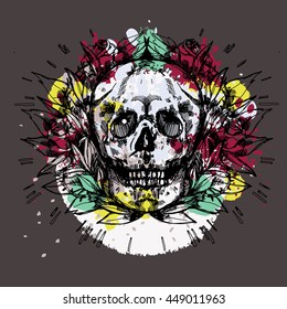 Art of skull with roses leafs and thorns. Graphic vector illustration. Can be used as print on t-shirt, wall, postcard, tattoo.