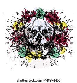 Art of skull with roses leafs and thorns. Graphic vector illustration. Can be used as print on t-shirt, wall, postcard, tattoo.