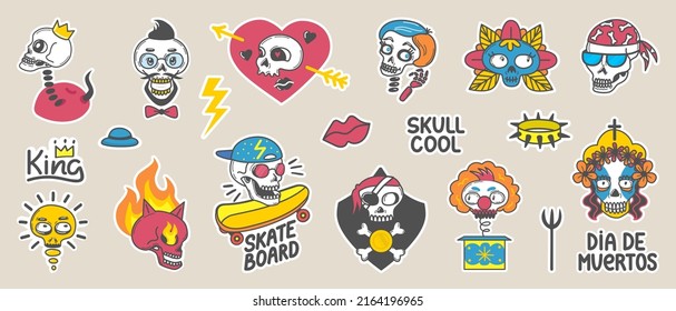 Art skull stickers. Doodle biker skulls patches, flash and third eye funny characters. Boy skate board sticker, gothic punk style neoteric vector elements