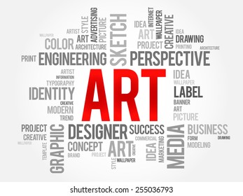 Art - something that stimulates an individual's thoughts, emotions, beliefs, or ideas through the senses, word cloud concept background