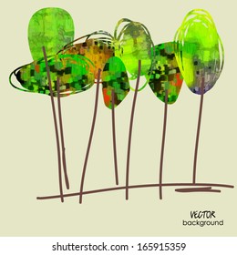 art spring abstract trees colorful vector background in yellow, green, orange and brown colors; card with space for text