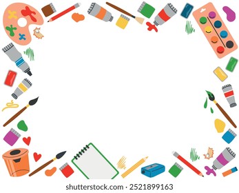 Arte, papelaria. Ilustração vetorial do quadro, plano de fundo com pincéis e tintas.