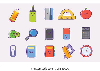 Â Line art stickers collection  of school supplies. School supplies learning equipment and different school supplies colorful office accessories. Isolated vector illustration. MBE Style Illustration