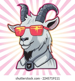 art for stickers featuring a goat dressed as a priest wearing glasses and glowing in the sun with a radial background