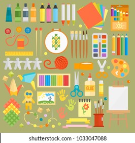 Art stickers seamless pattern vector colorful paper scrapbook drawing paints brushes notebook pen. Artist creative work for brain kids creativity