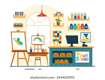 Art Store Vector Illustration with Painting Supplies Store Accessories and Tools for Drawing, Artists and Designers on Flat Cartoon Background