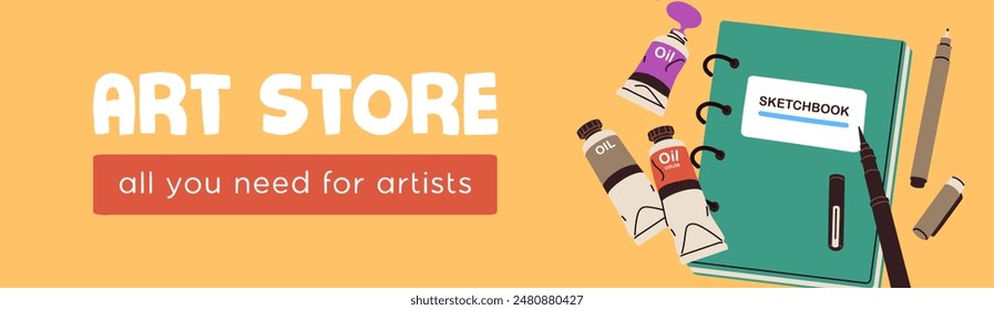 Art store, web banner. Creative hobby shop, ad background. Advertising template for artist school, market, drawing studio, painting workshop. Horizontal advertisment design. Flat vector illustration