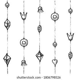Art stripe. Hand-drawn art black line with shell, diamond, jellyfish, donut sketch. Vector vertical stripe in marine nautical, food, gems jewelry theme illustration. Isolated strap streak set on white