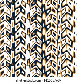art striped, dip dye  zig zag Seamless ethnic   pattern of navy, gold  on white silk. Ikat seamless pattern. Vector tie dye shibori print with stripes and chevron. Ink textured japanese background. 