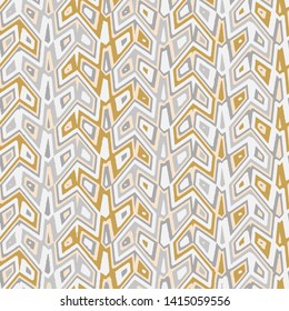 art striped, dip dye  zig zag Seamless ethnic   pattern of gray, gold  on white silk. Ikat seamless pattern. Vector tie dye shibori print with stripes and chevron. Ink textured japanese background. 

