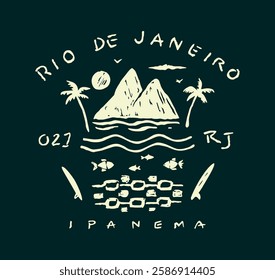 Art in a stripped-down style of composition with silhouettes alluding to the city of Rio de Janeiro, Brazil. Stylized design for prints on t-shirts, posters, etc.