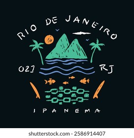 Art in a stripped-down style of composition with silhouettes alluding to the city of Rio de Janeiro, Brazil. Stylized design for prints on t-shirts, posters, etc.