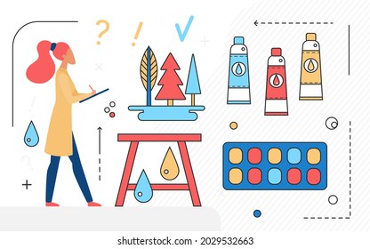 Art Studio Agentur Arbeitskonzept und Künstler Vektorgrafik. Cartoon-Designer-Freelance-Zeichen-Arbeit, Grafikdesigner und Tools-Objekte für Kunstwerke, Zeilensymbole einzeln auf Weiß