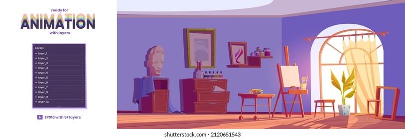 Art studio, artist room with canvas and brushes on easel. Vector parallax background ready for 2d animation with cartoon interior of painter workshop with paints, materials and tools