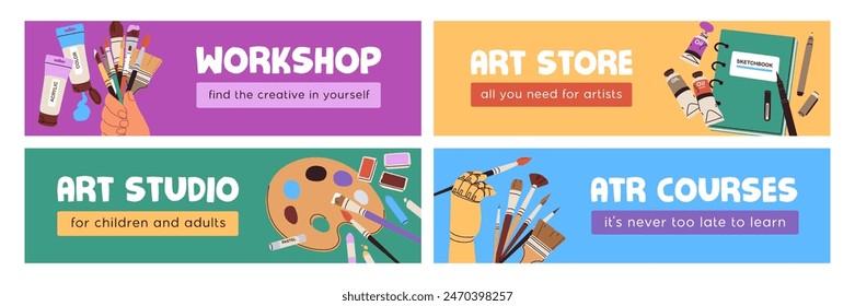 Art studio, artist store, web banner designs set. Creative hobby shop, drawing school, course, header background. Creativity education, long sale backdrop templates. Flat vector illustrations