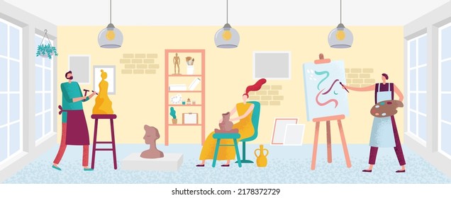 Art studio. Artists creating different masterpieces. Woman painting picture on canvas, holding palette and paintbrush. Female potter creating vase. Cartoon man making sculpture vector
