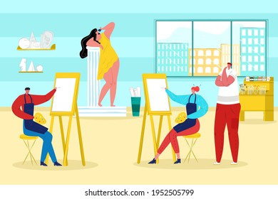 Estudio de arte, artistas pintan sobre lienzo, ilustración vectorial. Taller creativo equipado con malbert, cuadros, pinturas, interiores de diseño.