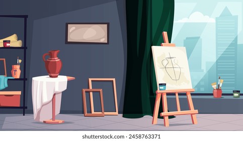 Kunststudio. Kunstwerk Malerei Arbeitsplatz Hintergrund, professionelle Inspiration Zeichnungsraum Modell Cartoon. Vektorgrafik Cartoon Hintergrund.