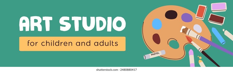Art studio banner. Creative workshop, drawing school, advertising web background. Artist class, promotion header design, template. Horizontal panoramic ad, advertisement. Flat vector illustration