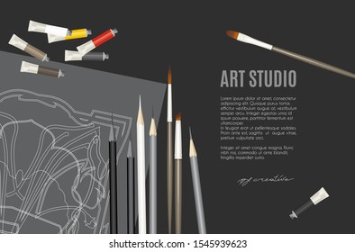 Art studio banner design template with painter and graphic materials on dark background for school of the art, gallery or course. Modern concept.