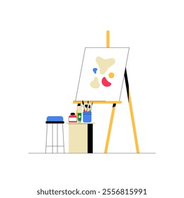 Art Studio With Canvas On Easel And Art Supplies In Flat Vector Illustration Symbolizing Painting, Creativity, And Art Supplies, Isolated On White Background.