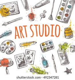 Art studio card with artistic elements on the watercolor splashes. Hand drawn vector illustration. Pencil, brush, picture, roller, glue, pen, notebook, palette, gouache, watercolor and other supplies.