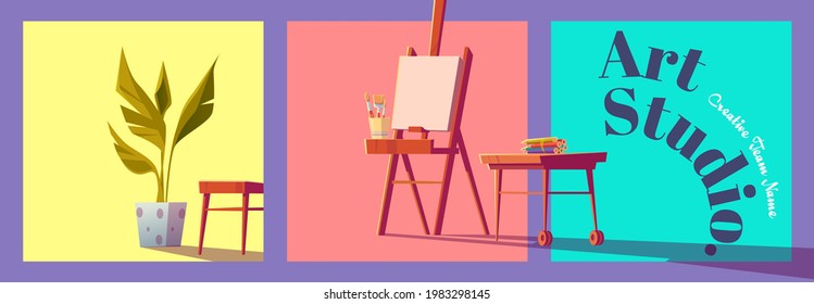 Art studio cartoon banner with artist stuff canvas on easel, paintbrushes, colored pencils on wooden desk and potted plant. Creative design for painter classes or workshop ad, vector illustration
