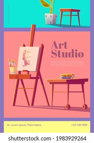 Art studio cartoon flyer with artist stuff canvas on easel, paintbrushes, colored pencils on wooden desk and potted plant. Creative design for painter classes or workshop ad, vector illustration