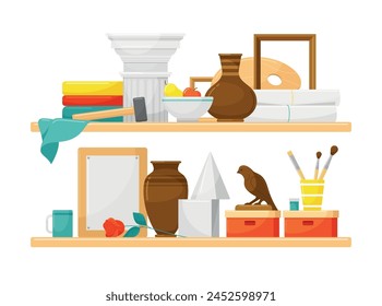 Art studio class shelves with artwork material and equipment isometric vector illustration. Artistic workshop shelf with tools for drawing sculpturing craft painting pottery origami paintbrush gypsum