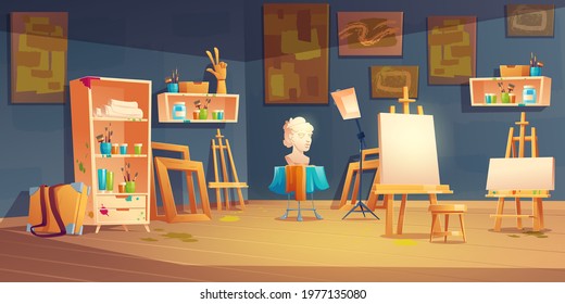 Art studio, classroom with easels, paints and brushes on shelves, bust and paintings on wall. Vector cartoon interior of artist workshop, school class with equipment for education children to draw