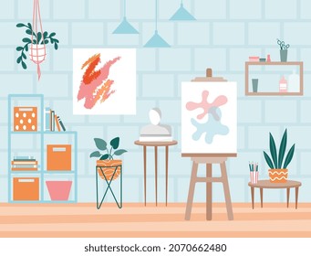 Art studio concept. Bright Classroom with canvas, easel, brushes and paintings. Modern workshop for artists. Equipment for training. Drawing room. Cartoon contemporary flat vector illustration