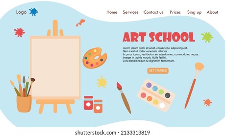 Art studio concept illustration web banner or landing page.Tools and materials for painting and drawing, Isolated flat vector illustration