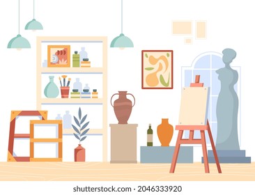 Art studio concept. Modern classroom with easels, sculptures, canvases, tools and brushes. Workspace for creativity. Cartoon contemporary flat vector illustration isolated on light background