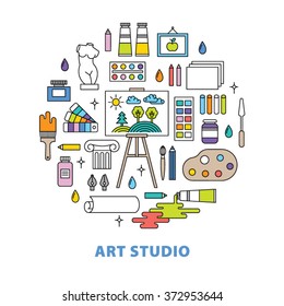 Art studio concept with tools and materials for painting. Illustration in thin flat, linear style. 