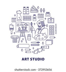 Art studio concept with tools and materials for painting. Illustration in thin flat, linear style. 