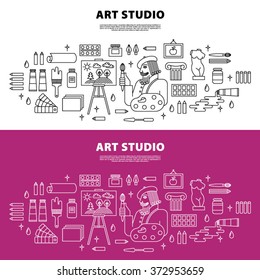 Art studio concept with tools and materials for painting. Illustration in thin flat, linear style. 
