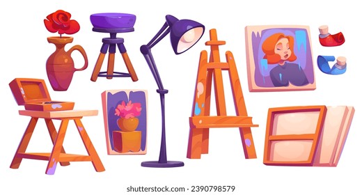 Art studio design elements set isolated on white background. Vector cartoon illustration of portrait and still-life paintings on canvas, wooden easel, stool and lamp, flower in vase, artist workshop