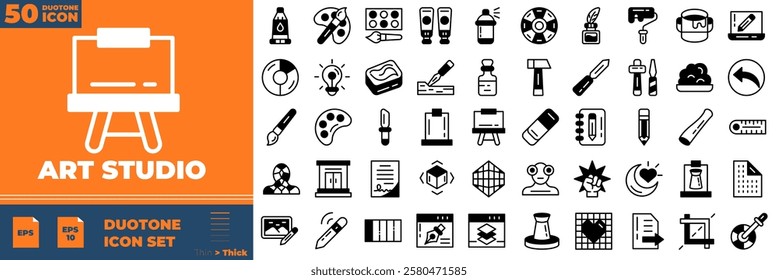Art Studio Duotone Editable Icons set. Vector illustration in modern thin duotone style of art studio icons: print, color, brush, etc