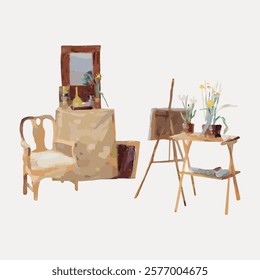 Art studio with easel, chair, and flowers. Cozy art space with easel, chair, and flowers. Creative studio featuring easel, chair, and flowers. Vintage illustration isolated on white, vector.