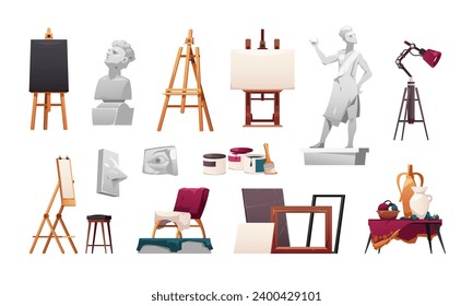 Art studio elements. Cartoon painting tools and workshop equipment, artist drawing tools statues and mockups, creative concept. Vector isolated set. Classroom stuff for creative work