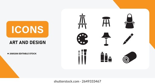Art Studio Essentials Icons – Easel, Apron, Paintbrush, Palette Vector Set