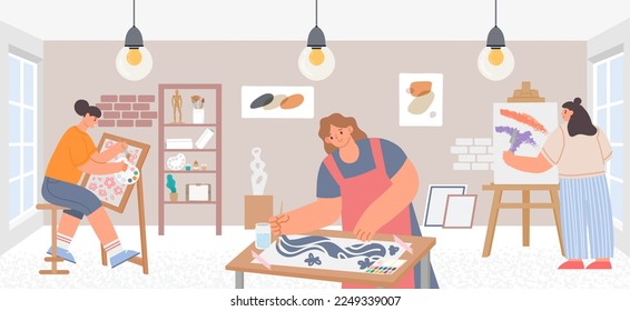 Art studio. Female characters painting picture on canvas with watercolor palette and paintbrush. Girls creating abstract and floral design. Cartoon artists at workshop, hobby activities vector
